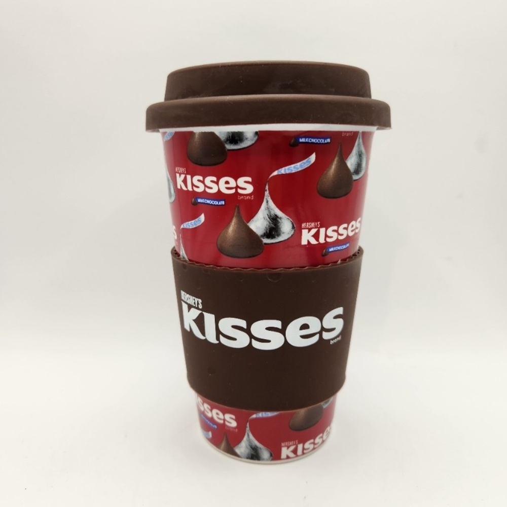 Hershey's Kiss Ceramic Travel Mug Cup, Silicone Lid, Band Sleeve Jacket, 14 oz